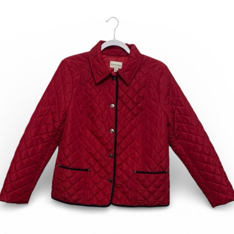 Studio Works Womens Quilted Coat Petite Large Red Black Lined Button Up Jacket